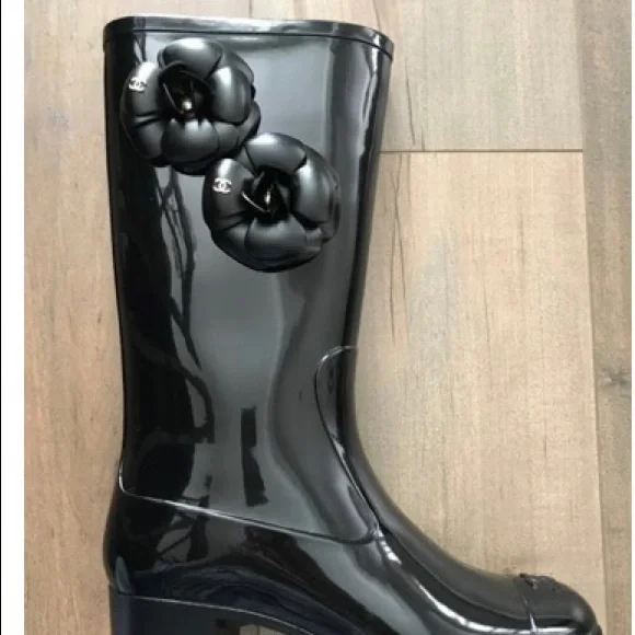 CHANEL | Shoes | Chanel Black Camellia Wellington Rubber Rain